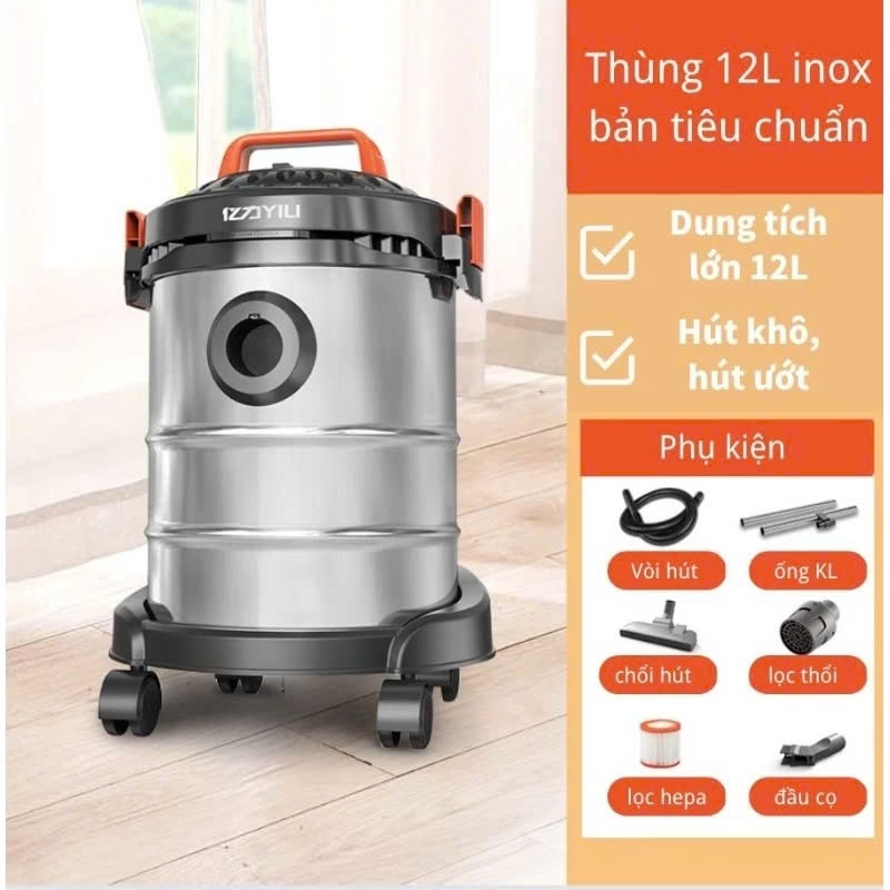 Máy Hút Bụi Hút Nước công nghiệp thùng inox YILI 12L 1200W