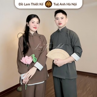 Đồ lam đi chùa Bảo Nghiêm pháp phục nam/nữ vạt hò cổ tàu nút tết vải đũi cao cấp - Lam Tuệ Anh