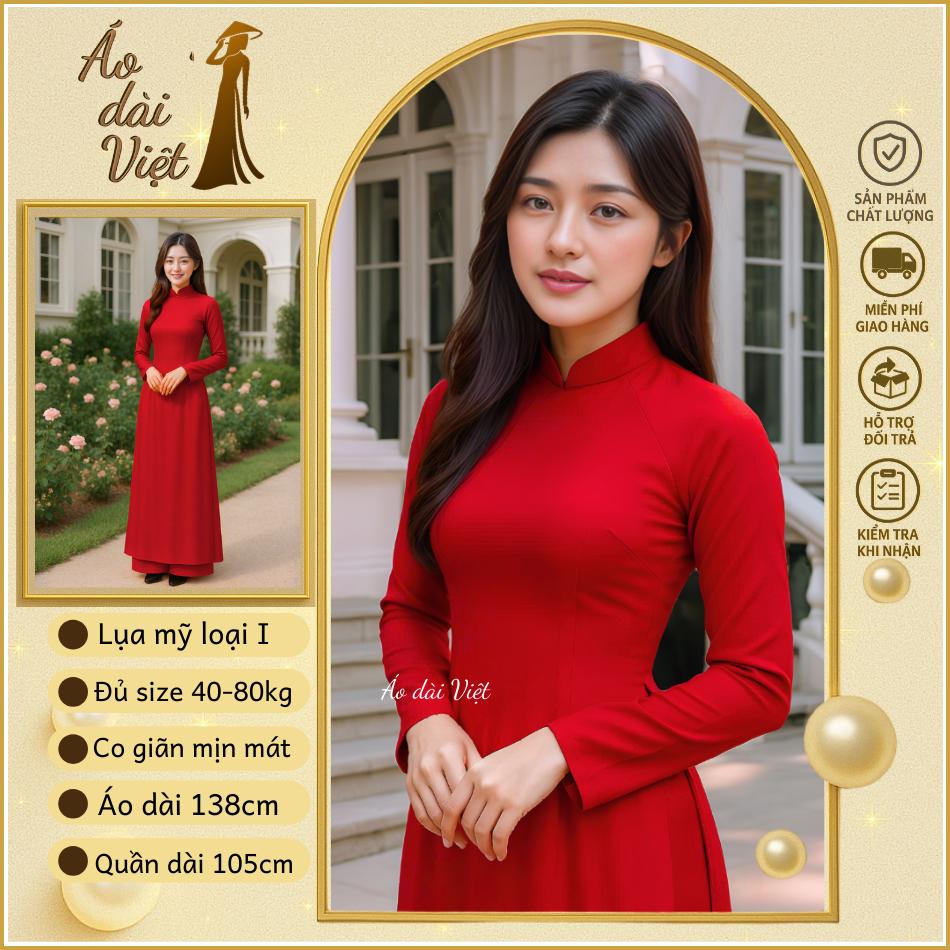 Áo dài đỏ đậm trơn lụa cao cấp truyền thống giáo viên đi dạy trung niên lễ chùa sang trọng may sẵn