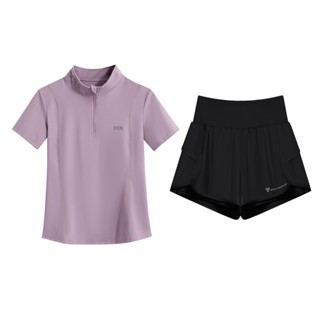 Set bộ gym yoga nữ tay ngắn LURO, bộ đồ thể thao nữ với quần short 2 lớp, áo cộc tay cổ đứng - S98N