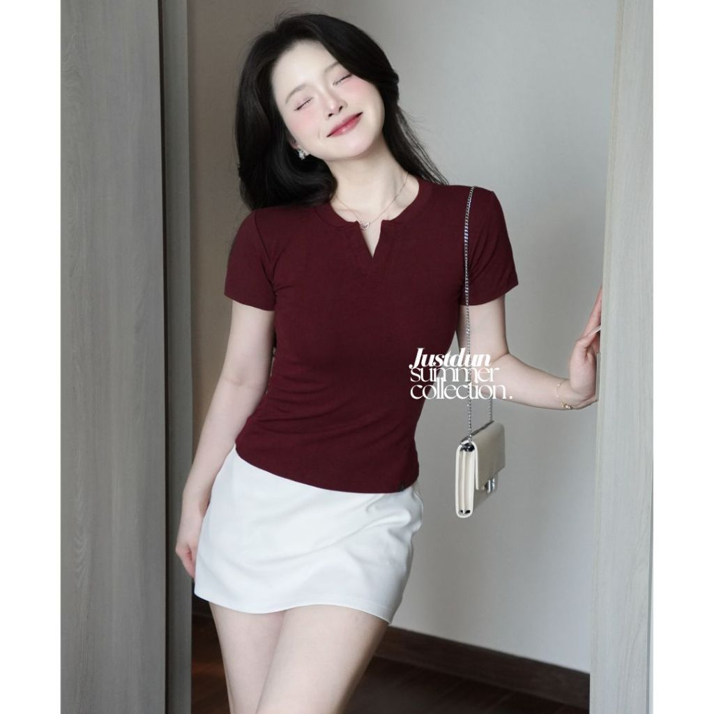 Áo Thun Nữ Ôm Body JUSTDUN E44 – Cổ Trụ Tàu Tay Ngắn, Vải Cotton Mềm Mịn Co Giãn 4 Chiều, Thoáng Mát | BigBuy360 - bigbuy360.vn