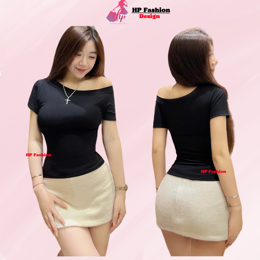 Áo thun lệch trễ hở vai body cộc ngắn tay, áo kiểu nữ màu đen trắng  co giãn mùa hè mùa đông noel tết tôn dáng  HP16 TN | BigBuy360 - bigbuy360.vn