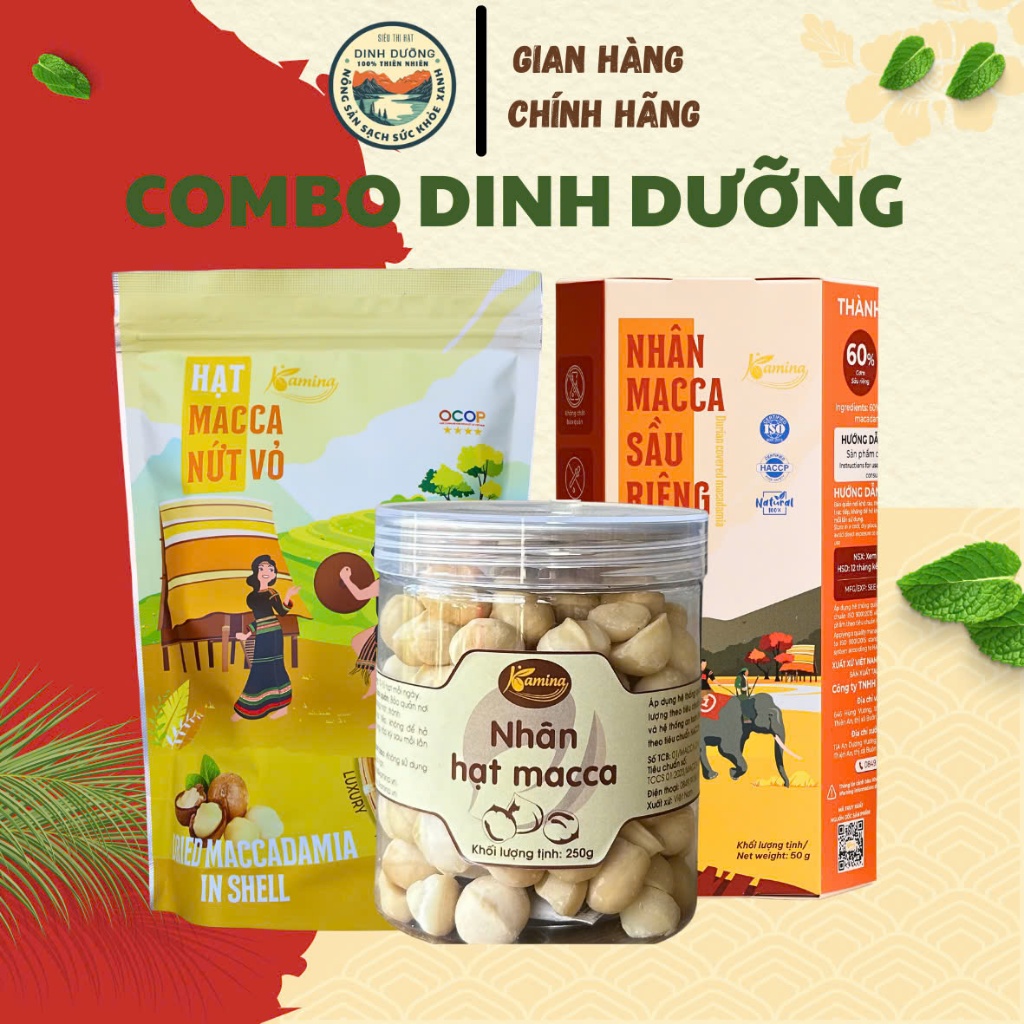 Combo Hạt Dinh Dưỡng 3 món - Hạt Macca nứt vỏ size TRUNG - Nhân macca tách vỏ - Nhân macca sầu riêng