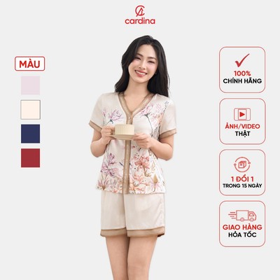 Đồ bộ pyjama CARDINA chất liệu lụa đùi họa tiết cổ Y hoa mềm mịn 5PCN01