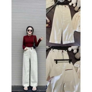  Quần jean nữ ống rộng quần bò nữ lưng cao phối đỏ CAMA STORE QJ08 