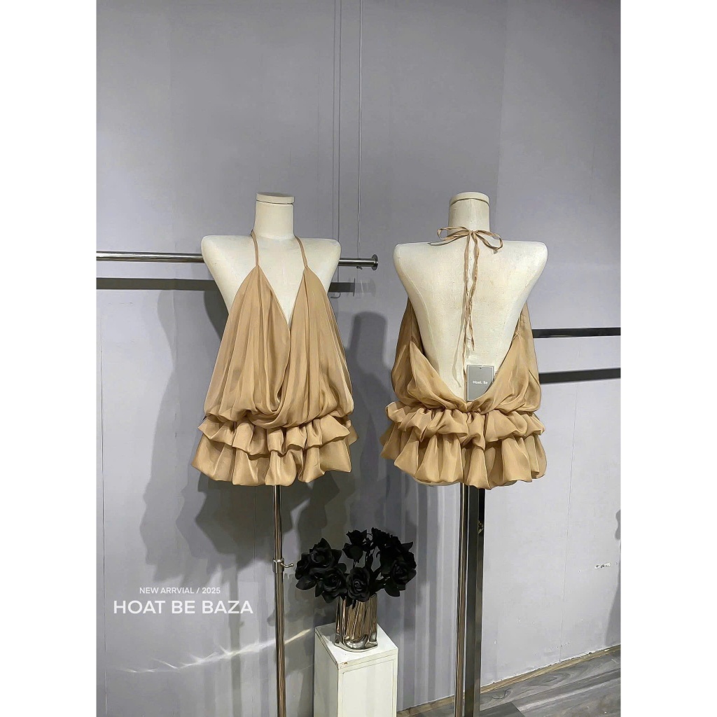 Váy cổ đổ hở lưng sexy chân váy phối tầng KHANHTHU