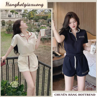 Set đồ nữ phong cách thể thao áo phông cổ bẻ kéo khóa cộc tay phối quần short ngắn dây rút, đồ bộ nữ cá tính HCOM25727