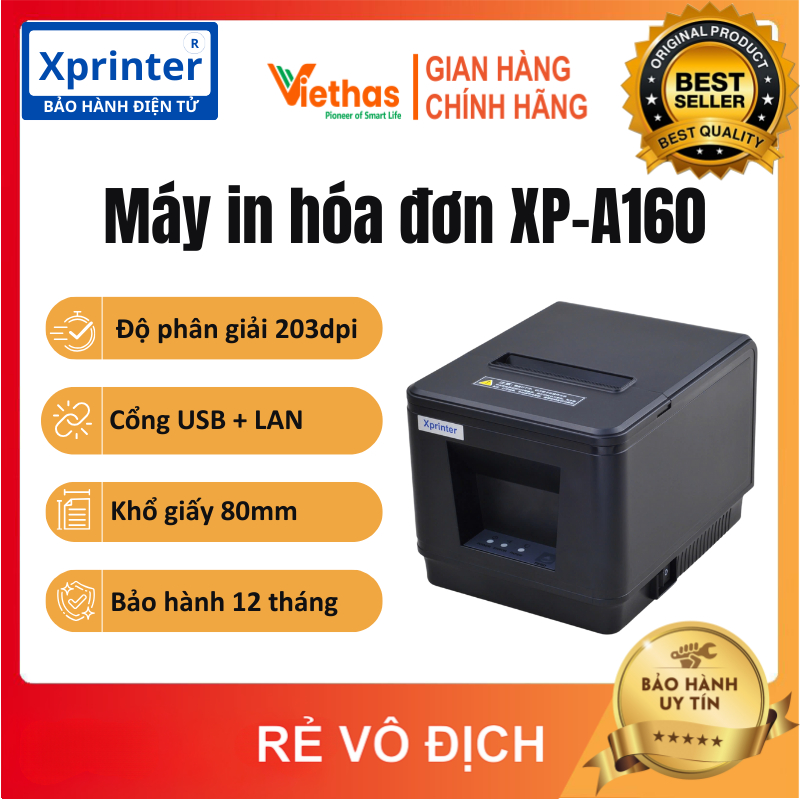 Máy in hóa đơn nhiệt K80 Xprinter A160 USB+LAN, in bill bán hàng có cắt giấy tự động