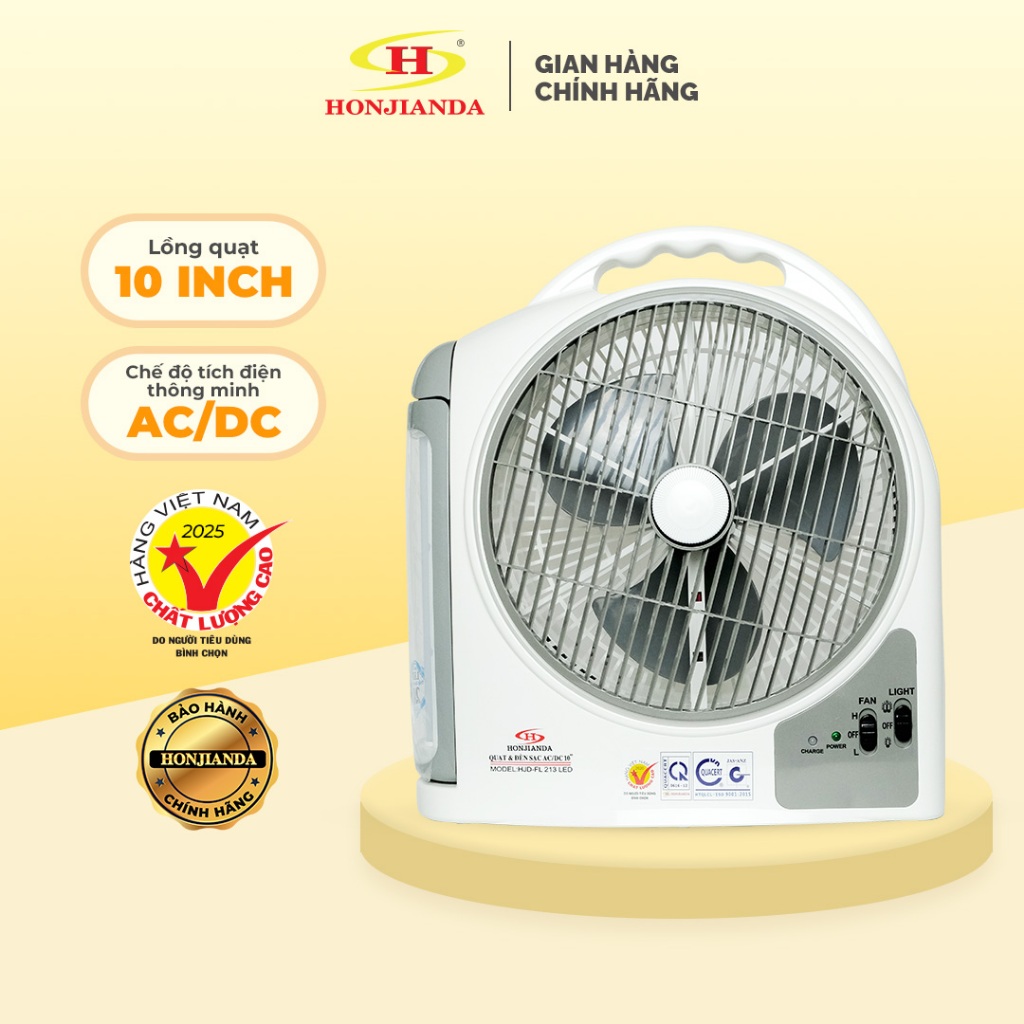 Quạt Tích Điện Honjianda Dạng Hộp 10 inch AC&DC FL213, Xám - 2 chức năng