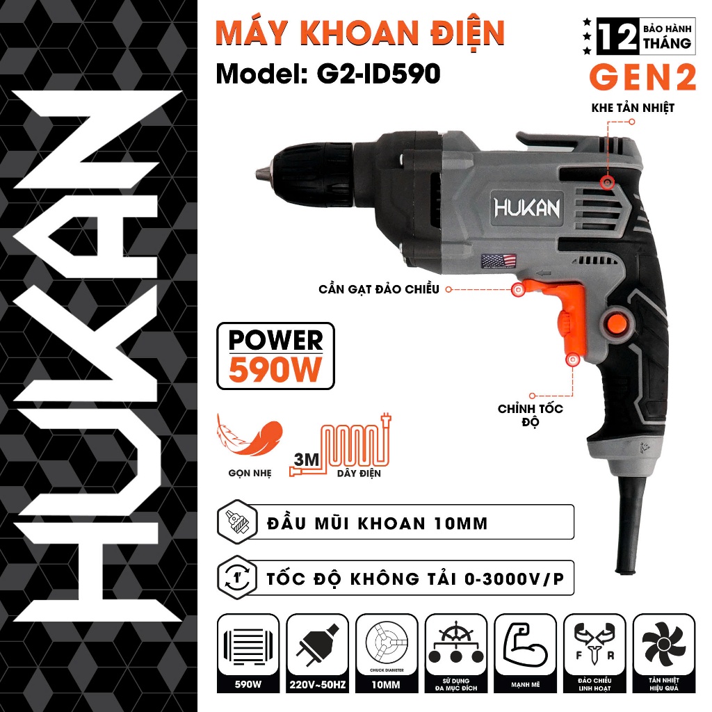 Các Dòng Máy Khoan Điện HUKAN Gen2 G2-ID590, G2-ID790, G2-KVT600Q tháo đầu, G2-ED5516 3 tay cầm
