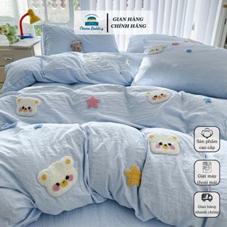 Set chăn ga gối cotton đũi mềm mịn thêu len Otama Bedding, bộ drap gấu cho bé đủ size 1m6 1m8 2m