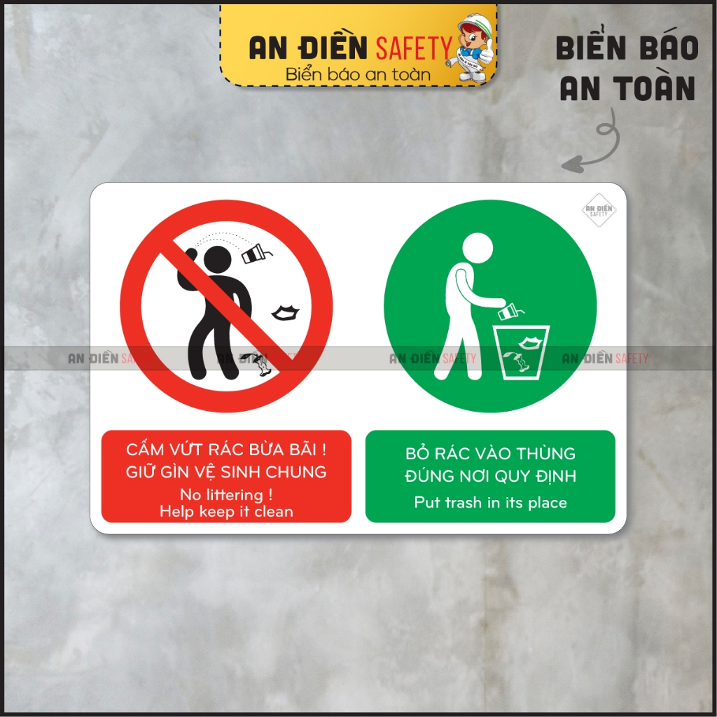 Biển báo An Điền Safety - Biển báo mica cao cấp CẤM XẢ RÁC - Tặng kèm miếng dán tường keo 3M