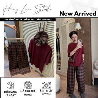 SET BỘ ĐỎ TRƠN  QUẦN CARO ( kèm buộc tóc)