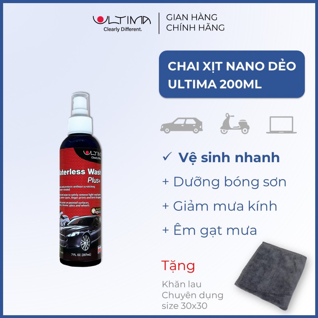 Chai xịt nano dẻo Ultima [200ml] Vệ sinh + Phủ bóng, Chống bám nước cho ô tô (Tặng khăn)