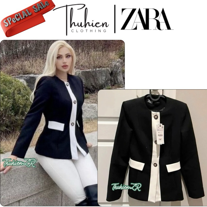THUHIENZR(sẵn XS)Áo blazer ZARA 2369/521/800 màu đen cải túi trắng dáng ôm vừa vặn(mất 1 cúc/new)
