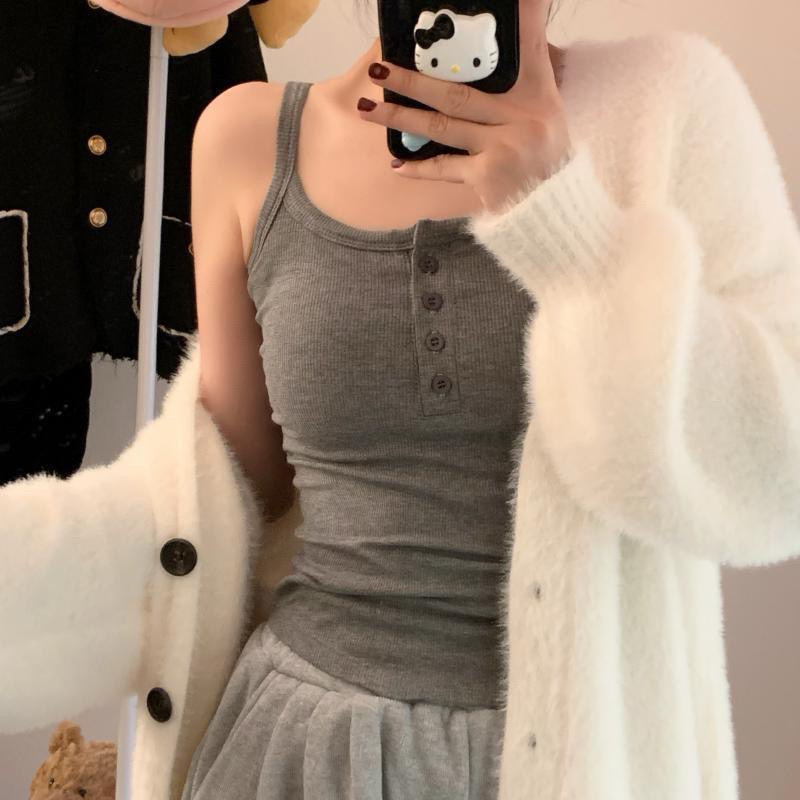 Áo 2 Dây  Len Thun, Áo Len CÓ MÚT ĐỆM quai Nhỏ 4 Màu Cài Khuy Ngực Ôm Body Dáng Croptop Quyến Rũ Bl90 (có bigsize) | BigBuy360 - bigbuy360.vn