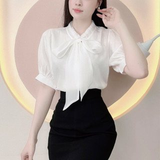  Áo sơ mi lụa sang chảnh phối voan tơ mỏng mềm mát somi cộc tay mùa hè đi tiệc đi làm đi chơi LAMO - B1405 