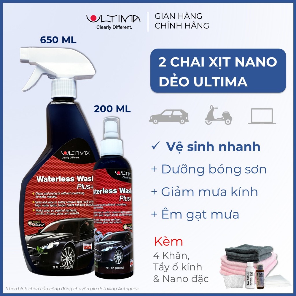 Combo chai xịt nano dẻo Ultima [650ml+200ml] Vệ sinh + Phủ bóng, giảm bám nước cho ô tô