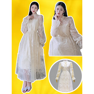 Đầm váy maxi trắng tiểu thư ren hoa bigsize xoè dài tay dài loe phồng cổ trụ chiết eo dự tiêc cưới đi biển ELITE