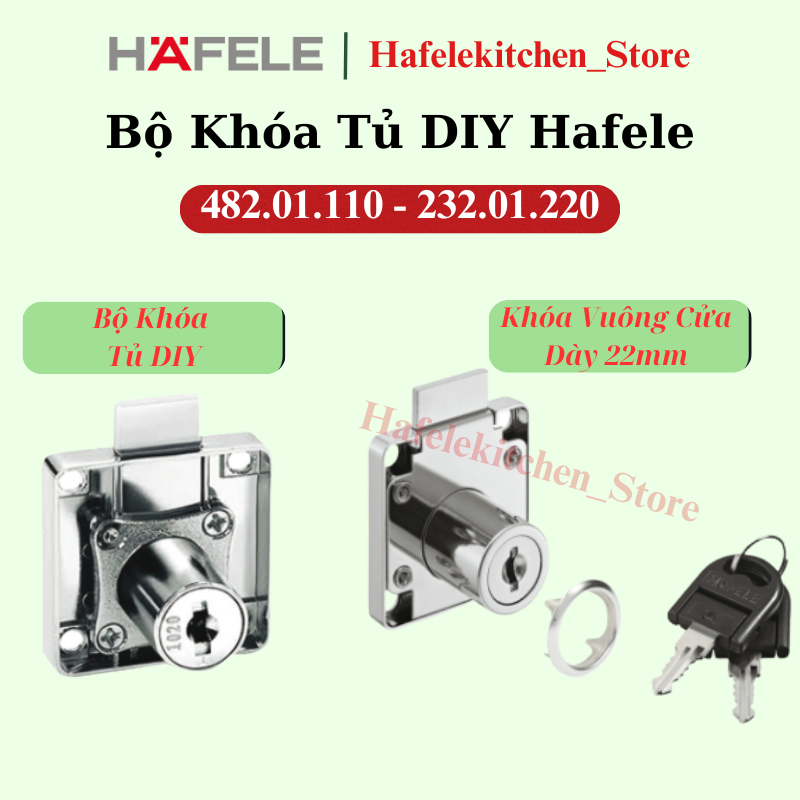 Bộ khóa tủ hafele , khóa hộc kéo, khóa trung tâm. khóa vuông, dùng cho ngăn kéo tủ gỗ 482.01.110/ 23