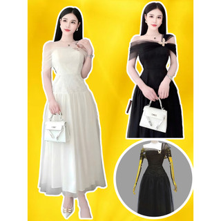  Đầm Váy trắng tiểu thư trễ vai kèm tag hồ diệp Ren eo bigsize Chân Váy Ren Lưới 3 lớp dự tiệc cưới HONOR 