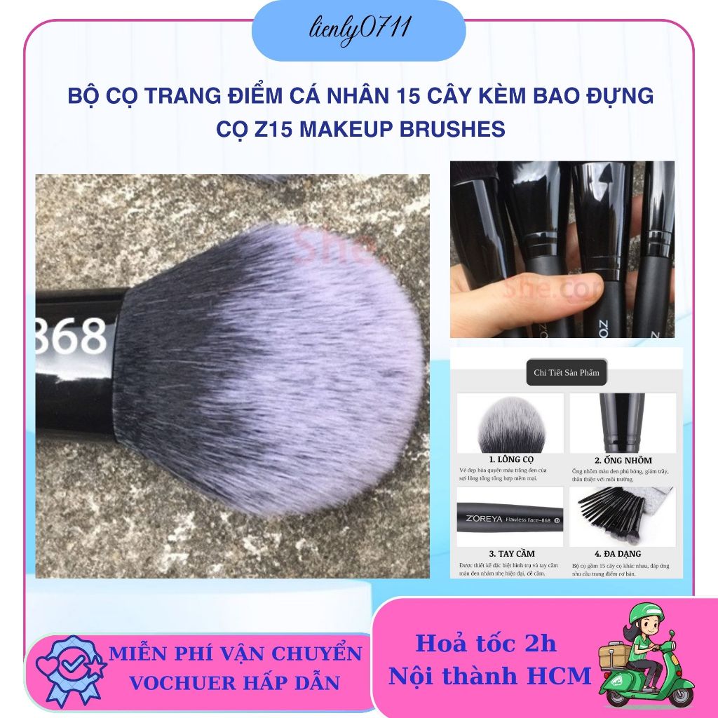 Bộ cọ trang điểm cá nhân 15 cây kèm bao đựng cọ Z15 Makeup brushes