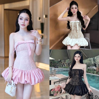 ĐẦM THIẾT KẾ CÚP NGỰC REN ĐÍNH NƠ DÁNG NGẮN BÍ PHỒNG