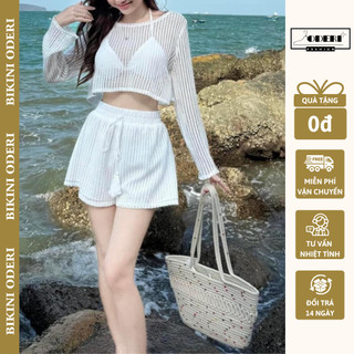  SÉT BIKINI 3 MÓN ÁO CROTOP TAY DÀI,BRA TAM GIÁC QUẦN CẠP CAO 2 LỚP 977 