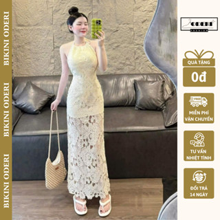  Set bikini đồ bơi đầm ren  CỔ YẾM TRẮNG có mút ngực 2 lớp xẻ tà dài chuẩn hình cao cấp Oderi MS1113 