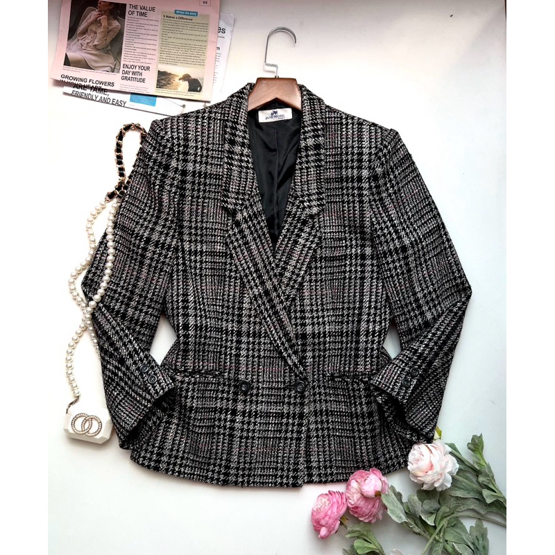 Áo blazer dạ cừu 2hand sọc kẻ caro đen trắng made in Japan