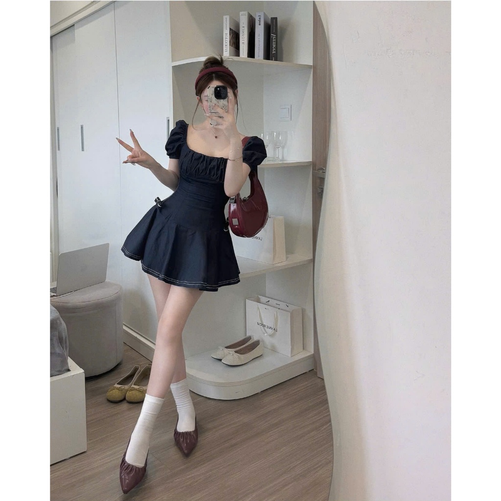 [V.07]: Váy Denim Nhúm Ngực Tay Bồng Xòe Dáng Ngắn Đính 2 Nơ Hông + Quần Váy Rời Sang Chảnh (Ảnh Thật Trải Sàn) Lollaye | BigBuy360 - bigbuy360.vn