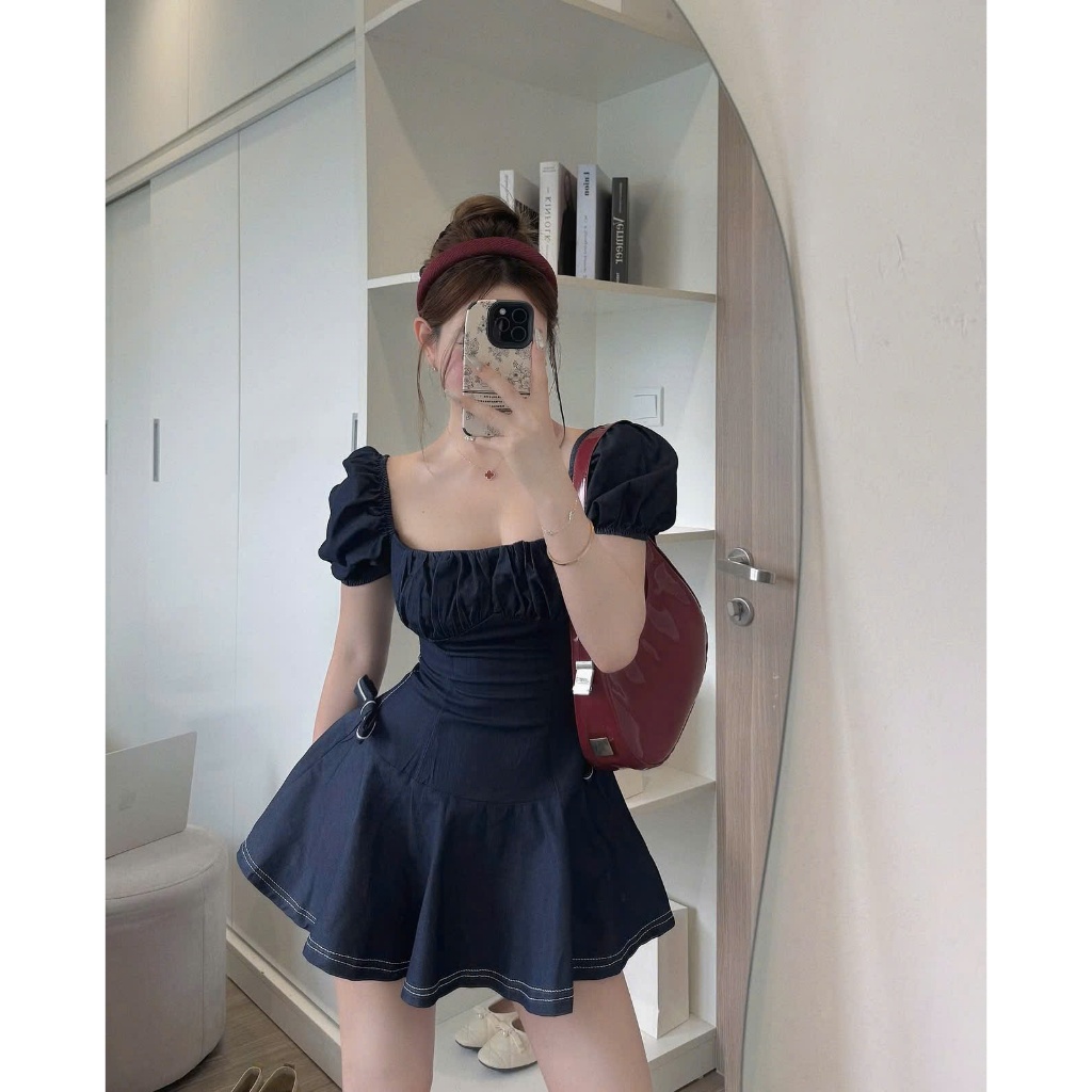 [V.07]: Váy Denim Nhúm Ngực Tay Bồng Xòe Dáng Ngắn Đính 2 Nơ Hông + Quần Váy Rời Sang Chảnh (Ảnh Thật Trải Sàn) Lollaye | BigBuy360 - bigbuy360.vn