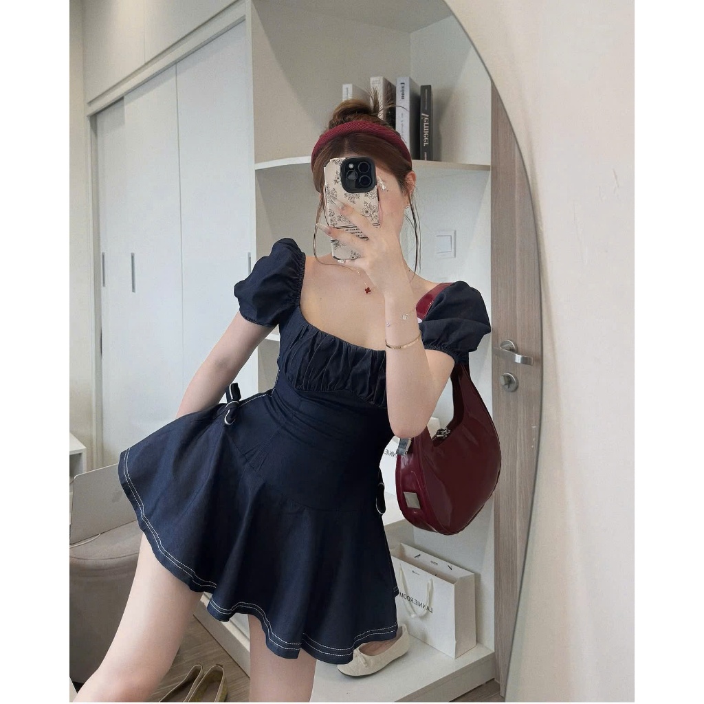 [V.07]: Váy Denim Nhúm Ngực Tay Bồng Xòe Dáng Ngắn Đính 2 Nơ Hông + Quần Váy Rời Sang Chảnh (Ảnh Thật Trải Sàn) Lollaye | BigBuy360 - bigbuy360.vn