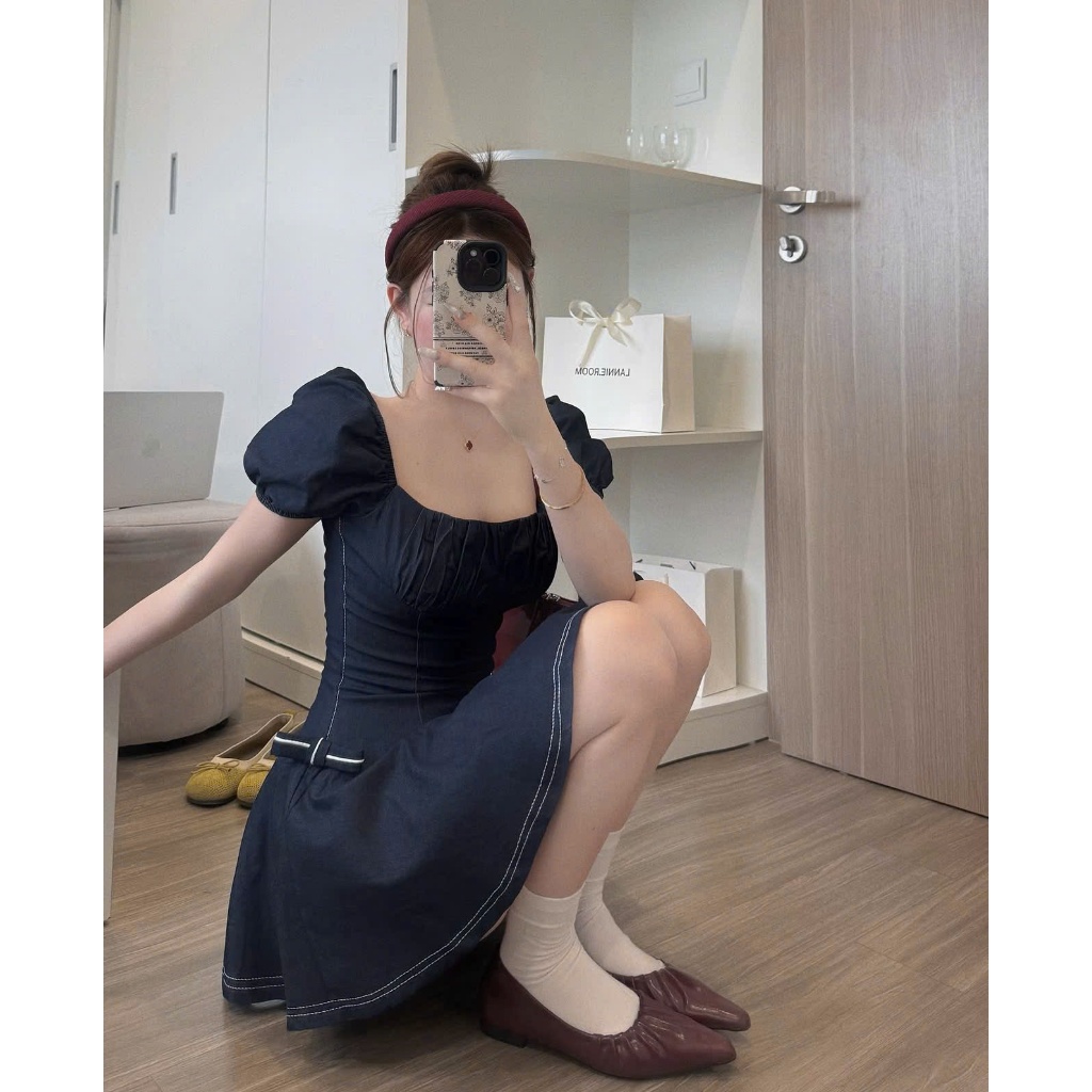 [V.07]: Váy Denim Nhúm Ngực Tay Bồng Xòe Dáng Ngắn Đính 2 Nơ Hông + Quần Váy Rời Sang Chảnh (Ảnh Thật Trải Sàn) Lollaye | BigBuy360 - bigbuy360.vn