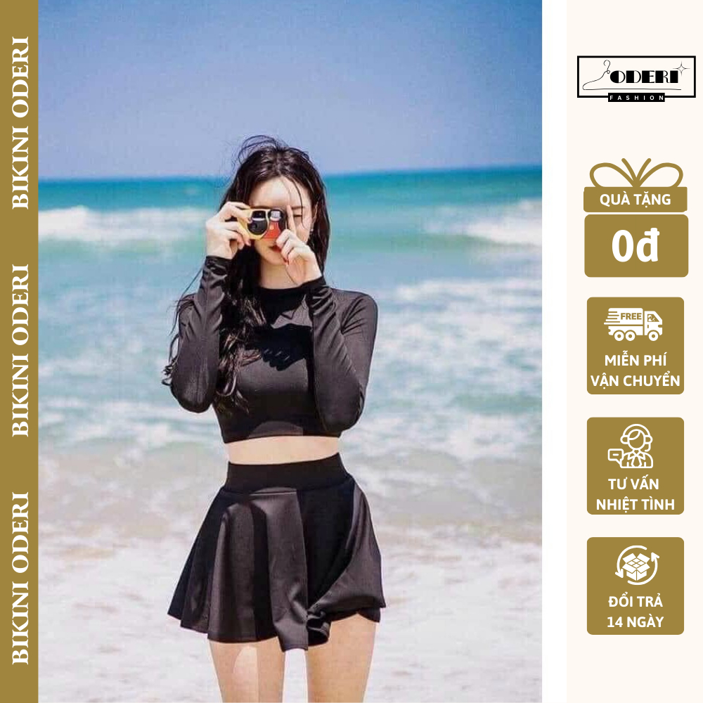 Bikini, Đồ Bơi Đi Biển Hai Mảnh Tay Dài Đan Lưng Chân Váy Xòe Dễ Thương ODERI HM-060