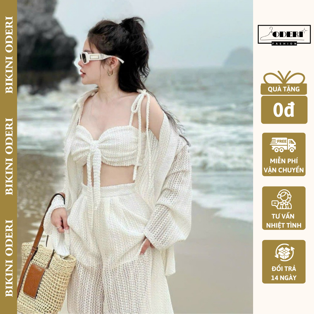 Set Bikini đồ bơi 3 món đi biển ren lưới, khoác tay dài quần dài chất lưới fom rộng thoáng mát 941 | BigBuy360 - bigbuy360.vn