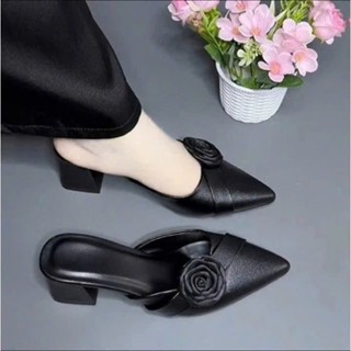 ( Phom nhỏ chân đầy nâng size ) GIÀY SỤC NỮ CAO GÓT VUÔNG 5P VÀ 7P BÍT MŨI DA MỀM DÂY BẢNG CHÉO KẾT HOA HỒNG - BM139