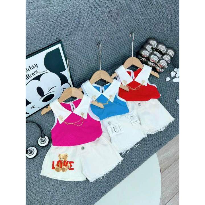 Sét đùi bé gái: Áo thun sát nách mix quần đùi trắng cạp chun rách hiphop siêu ngầu - Thokids 2023- q