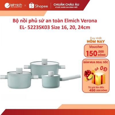 Bộ nồi phủ sứ an toàn Elmich Verona EL- 5223SK03 Size 16, 20, 24cm
