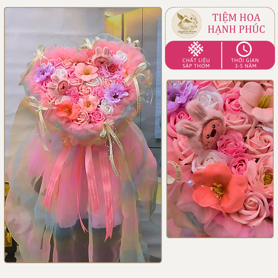Bó hoa trái tim tone hồng baby mix gấu Loopy dễ thương xòe to bánh bèo tặng người yêu, bạn gái