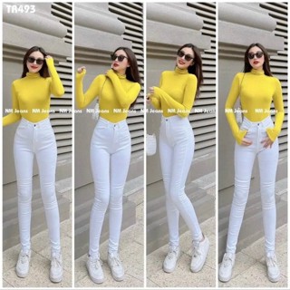 Quần jean nữ màu trắng co giãn quần bò lưng cao 9 tấc 3 cúc dáng ôm body cạp cao luty_shop90 ms514 