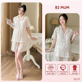Bộ bầu và sau sinh Bộ sooc lụa hoa kem, thiết kế cúc cài, họa tiết hoa nhí, mặc nhà mùa hè thoái mái -  B639 B2MUM