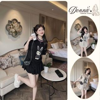 set đồ nữ , áo thun phối chân váy xếp ly ngắn xòe thêu hình gấu 2 màu trẻ trung năng động Donna hcom25738
