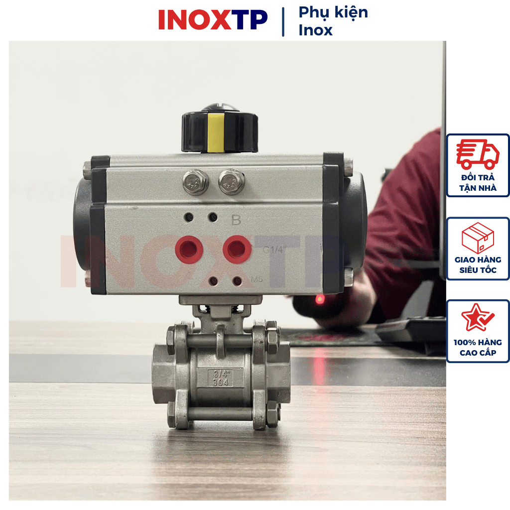 Van bi 3PC điều khiển khí nén (củ khí AT) - Van 3 mảnh khí nén nối ren inox 304