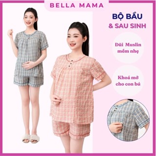 Bộ Bầu Mặc Nhà Mùa Hè Đũi Muslim Bella Mama  Đồ Bầu Sau Sinh Có Khóa Ngực Chun Bụng Vải Mềm Mịn Mát - Bn22