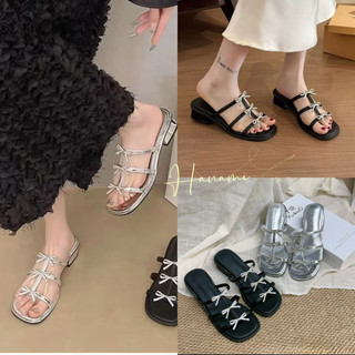  Sandal cao gót 5cm 3 quai đính nơ đá bling sáng chân CHÂN GẦY LÙI SIZE - QCCC dễ phối đồ dép cao gót nữ quai mảnh H926D 