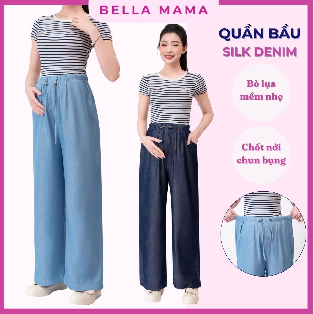 Quần Bầu Silk Denim Bella Mama, Quần Bầu Suông Bò Lụa Với Chốt Nới Chun Chỉnh Bụng- QX3