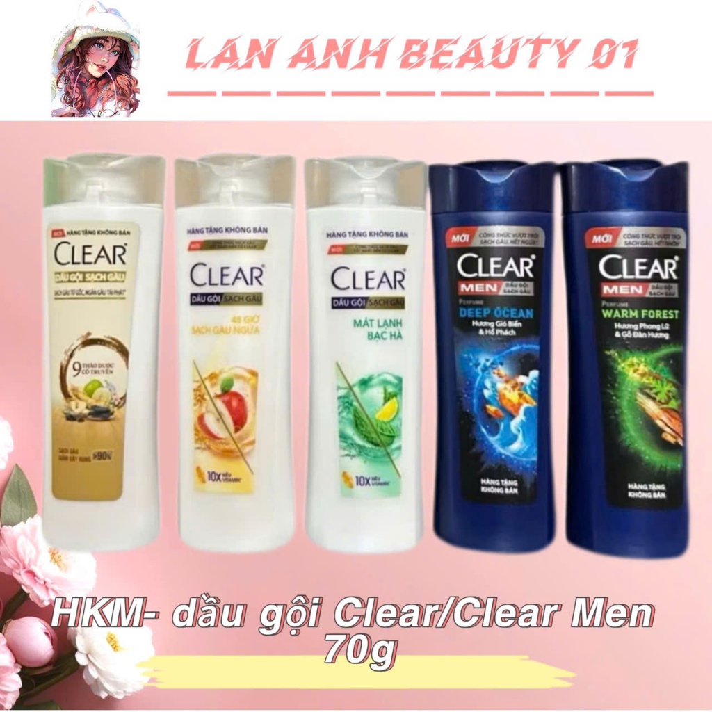 (Hàng Khuyến Mãi 70g) Combo 5 chai dầu gội Clear/Clear Men sạch gàu 9 loại thảo dược, táo, bạc hà 70
