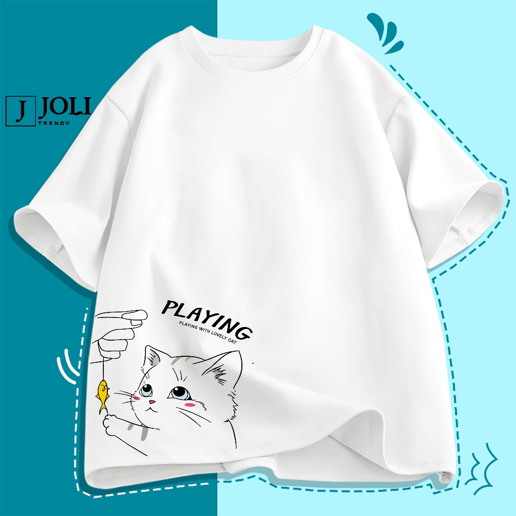 Áo Thun Nam Nữ Unisex Tay Lỡ By JOLI Mã TN Mèo Playing C In Hình Chất Cotton Form Rộng Phong Cách Ulzzang J Joli Trendy | BigBuy360 - bigbuy360.vn