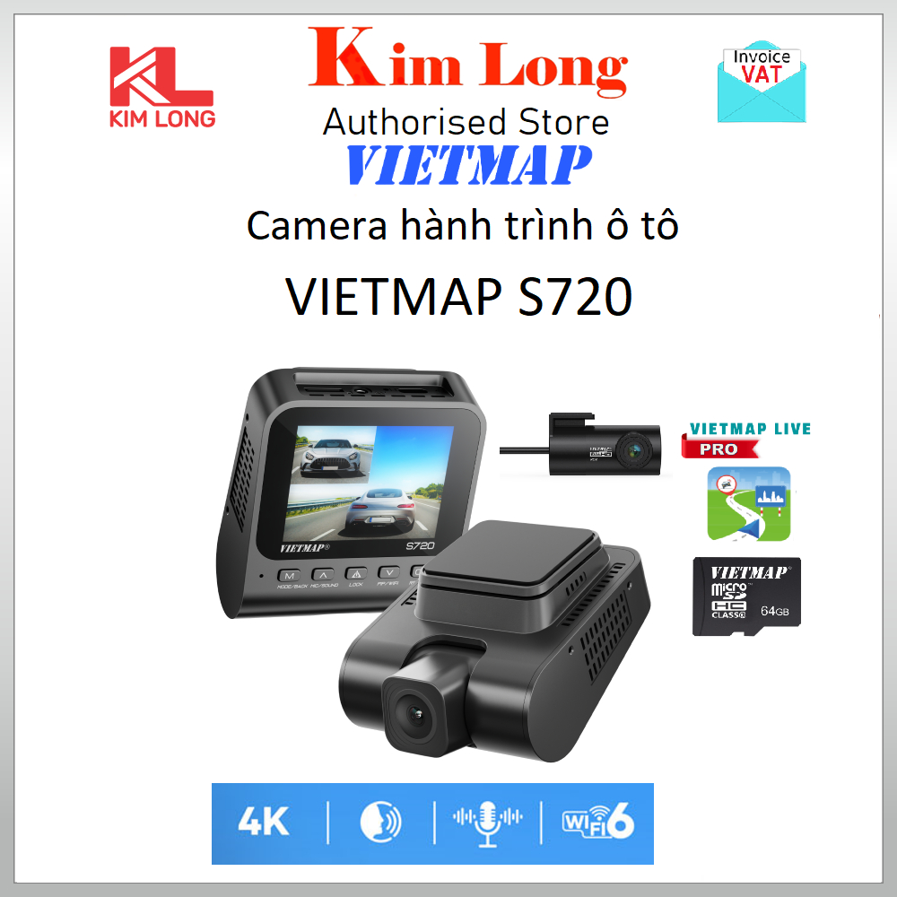 Camera hành trình Vietmap S720 Trước 4K Sau 2K Kèm 64GB và Vietmap Live Pro - Hàng chính hãng